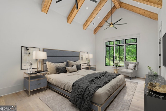 4927 Slaton Dr, Acworth, GA 30101 - bedroom with beamed ceiling, light wood-style flooring, high vaulted ceiling, and recessed lighting