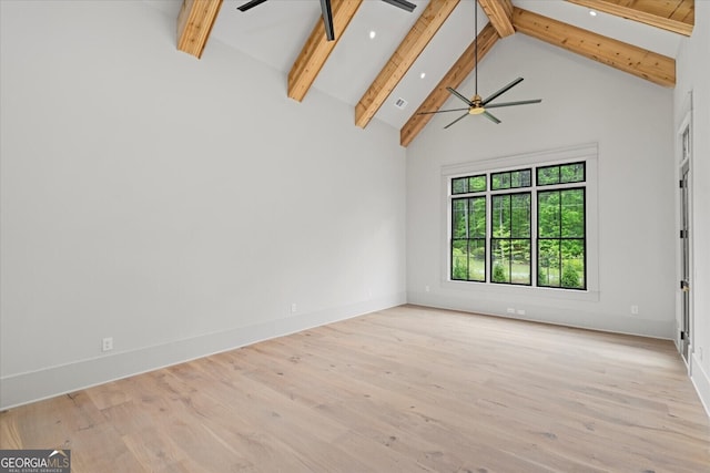 4927 Slaton Dr, Acworth, GA 30101 - empty room featuring ceiling fan, beam ceiling, high vaulted ceiling, wood finished floors, and recessed lighting