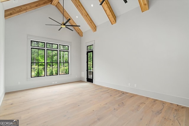 4927 Slaton Dr, Acworth, GA 30101 - unfurnished room featuring high vaulted ceiling, beam ceiling, wood finished floors, and ceiling fan