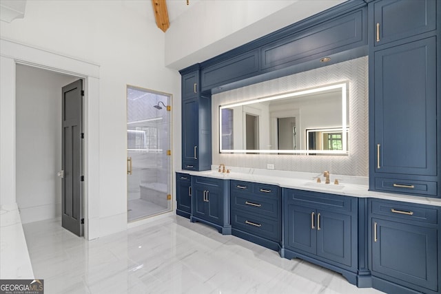 4927 Slaton Dr, Acworth, GA 30101 - full bathroom featuring double vanity, a stall shower, marble finish floors, and beam ceiling