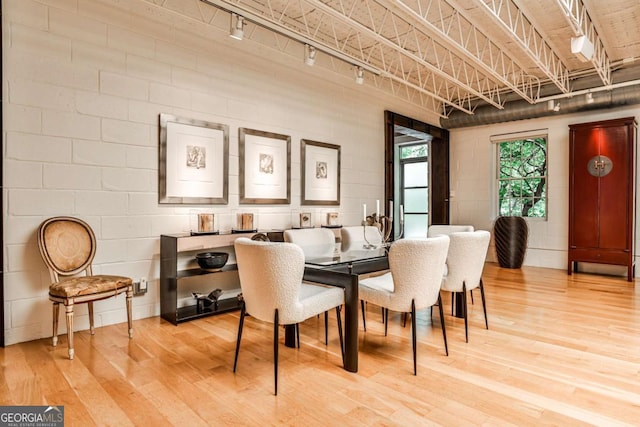 1933 Mclendon Ave NE Unit A, Atlanta, GA 30307 - dining room with light wood-type flooring, rail lighting, and concrete block wall