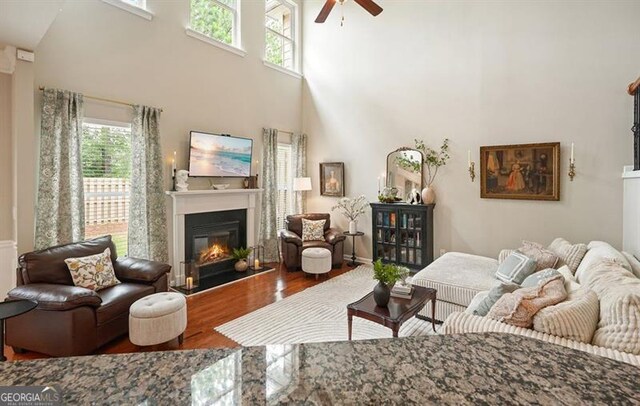 411 Mountain View Ln, Woodstock, GA 30188 - living room with ceiling fan, plenty of natural light, a glass covered fireplace, wood finished floors, and a towering ceiling