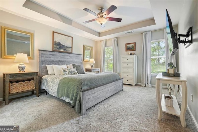 411 Mountain View Ln, Woodstock, GA 30188 - carpeted bedroom with multiple windows, a tray ceiling, baseboards, and ceiling fan