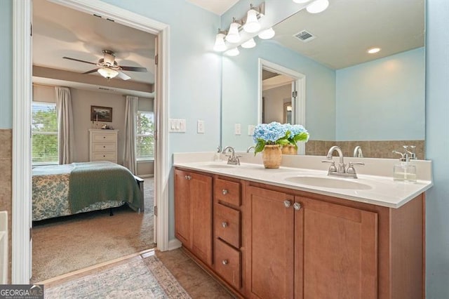 411 Mountain View Ln, Woodstock, GA 30188 - full bath with double vanity, a ceiling fan, and ensuite bath