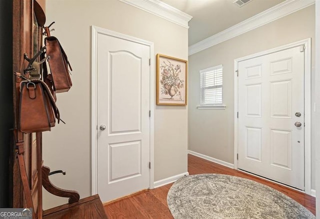 411 Mountain View Ln, Woodstock, GA 30188 - entryway featuring ornamental molding, wood finished floors, and baseboards