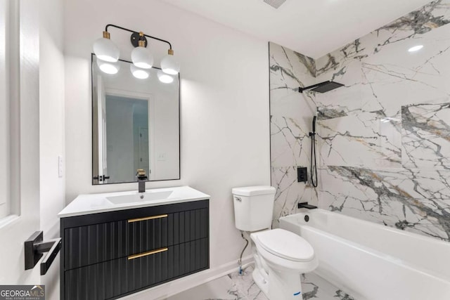 3878 Brookside Pkwy, Decatur, GA 30034 - bathroom with vanity, toilet, marble look tiles, and tub / shower combination