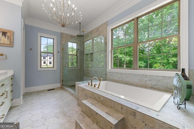 7519 Waterview Cv, Douglasville, GA 30135 - full bath with vanity, crown molding, a stall shower, a garden tub, and baseboards