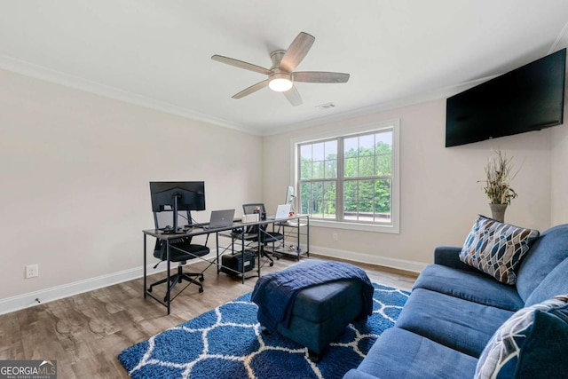 7519 Waterview Cv, Douglasville, GA 30135 - office space with baseboards, ceiling fan, wood finished floors, and crown molding
