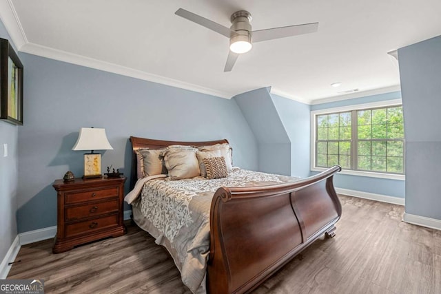 7519 Waterview Cv, Douglasville, GA 30135 - bedroom featuring ornamental molding, baseboards, wood finished floors, and a ceiling fan