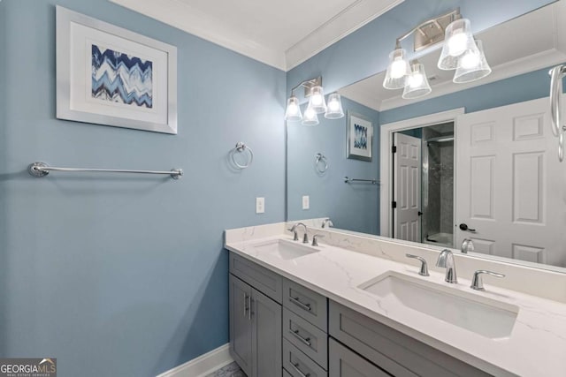 7519 Waterview Cv, Douglasville, GA 30135 - bathroom with double vanity, a shower, ornamental molding, and baseboards