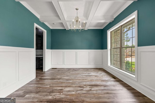 7519 Waterview Cv, Douglasville, GA 30135 - unfurnished dining area featuring a chandelier, beamed ceiling, coffered ceiling, wood finished floors, and wainscoting