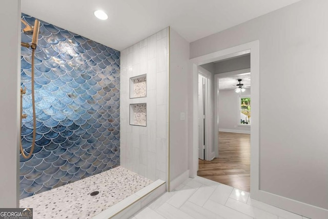 4690 Giddon Martin Rd, Gainesville, GA 30506 - bathroom with tiled shower, baseboards, recessed lighting, and ceiling fan