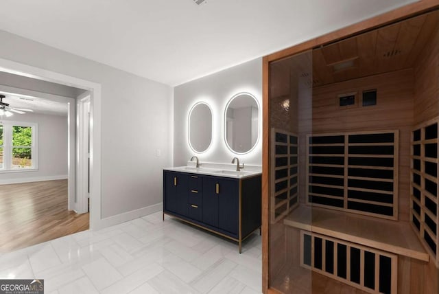 4690 Giddon Martin Rd, Gainesville, GA 30506 - bathroom with double vanity, baseboards, a sauna / steam room, and a ceiling fan