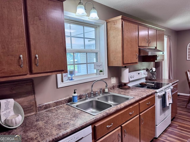 309 Ralph Wommack Rd, Hazlehurst, GA 31539 - kitchen featuring white appliances, wall chimney exhaust hood, dark wood finished floors, a sink, and pendant lighting