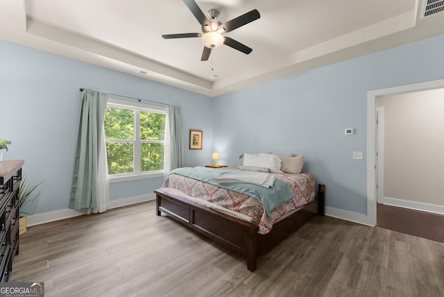 79 Brynbrooke Ct, Dawsonville, GA 30534 - bedroom with a raised ceiling, wood finished floors, baseboards, and ceiling fan