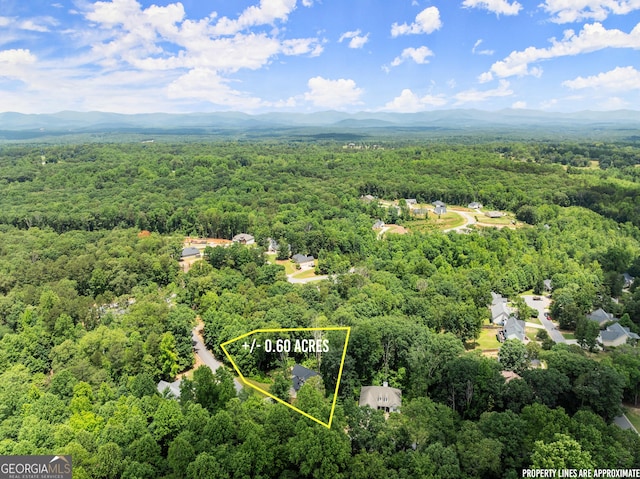79 Brynbrooke Ct, Dawsonville, GA 30534 - view of property location with a heavily wooded area, property boundaries highlighted, and a mountain backdrop