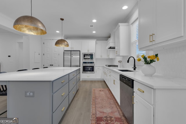155 Lapis Lake Pt, Fayetteville, GA 30215 - kitchen with appliances with stainless steel finishes, gray cabinets, a sink, white cabinetry, and tasteful backsplash