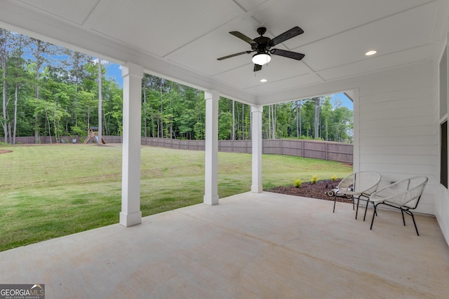 155 Lapis Lake Pt, Fayetteville, GA 30215 - view of patio with a ceiling fan, a playground, and view of scattered trees