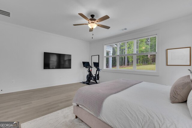 155 Lapis Lake Pt, Fayetteville, GA 30215 - bedroom with crown molding, light wood-style flooring, ceiling fan, and baseboards
