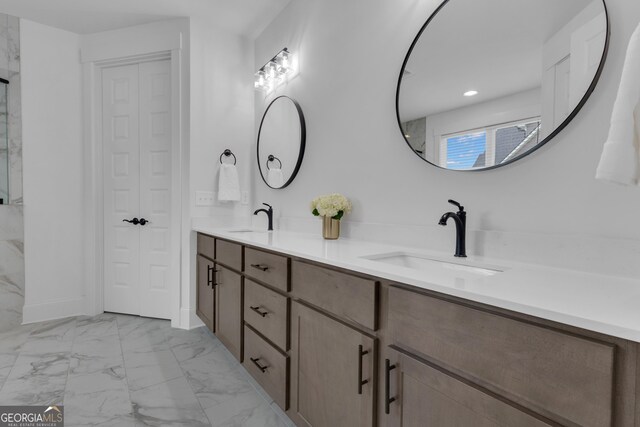155 Lapis Lake Pt, Fayetteville, GA 30215 - full bathroom with double vanity, marble finish floors, recessed lighting, and a closet