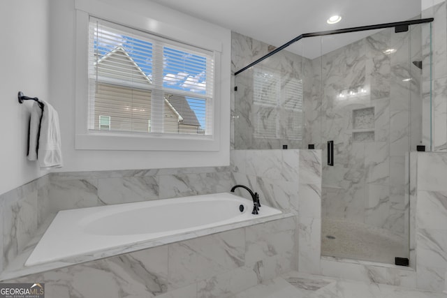 155 Lapis Lake Pt, Fayetteville, GA 30215 - bathroom featuring a bath and a marble finish shower