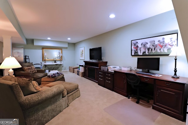 3320 Bryant Ln, Marietta, GA 30066 - living area featuring light colored carpet, recessed lighting, and a desk