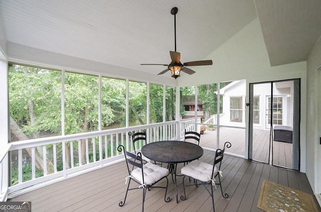 1111 Creekshore Dr, Athens, GA 30606 - sunroom / solarium with ceiling fan, vaulted ceiling, and outdoor dining area