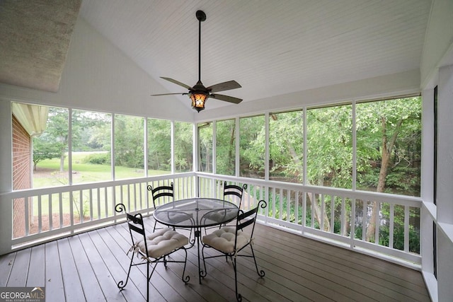 1111 Creekshore Dr, Athens, GA 30606 - sunroom with ceiling fan, outdoor dining area, lofted ceiling, and healthy amount of natural light