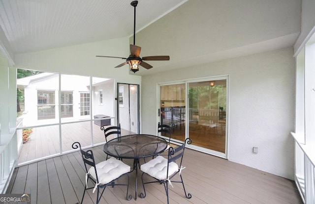 1111 Creekshore Dr, Athens, GA 30606 - sunroom featuring a ceiling fan, outdoor dining space, and lofted ceiling