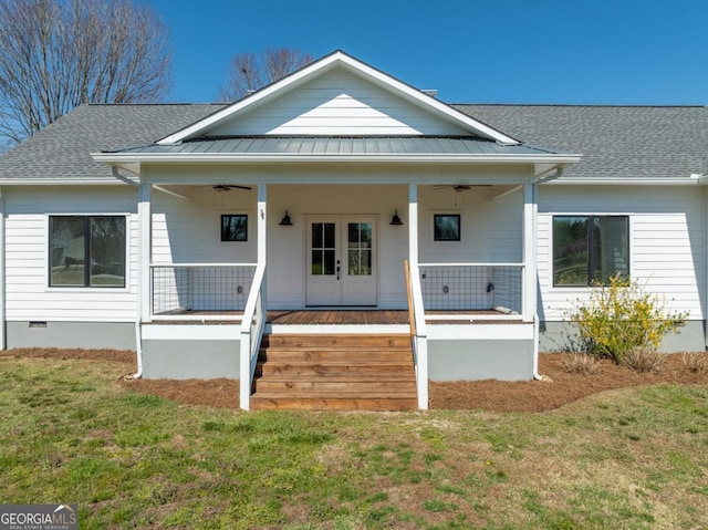 114 Cartecay River Run, Ellijay, GA 30536 - bungalow-style house with a ceiling fan, a porch, a front lawn, and a standing seam roof