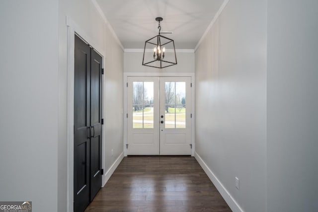 114 Cartecay River Run, Ellijay, GA 30536 - entryway featuring a chandelier, dark wood finished floors, baseboards, crown molding, and french doors