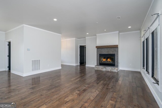 114 Cartecay River Run, Ellijay, GA 30536 - unfurnished living room featuring dark wood-type flooring, a fireplace, ornamental molding, recessed lighting, and baseboards