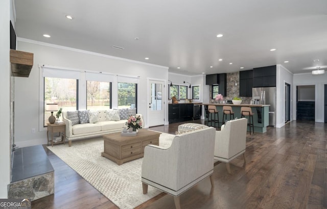 114 Cartecay River Run, Ellijay, GA 30536 - living area featuring ornamental molding, recessed lighting, and dark wood-type flooring