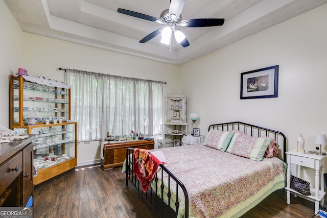 129 Onyx Ct, Carrollton, GA 30116 - bedroom featuring a tray ceiling, dark wood-type flooring, and a ceiling fan