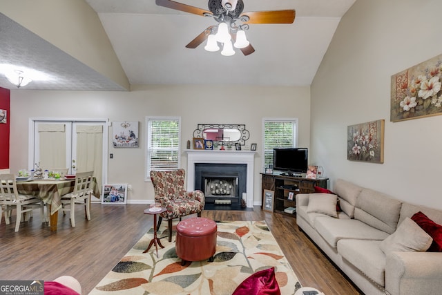 129 Onyx Ct, Carrollton, GA 30116 - living room featuring vaulted ceiling, ceiling fan, plenty of natural light, and wood finished floors