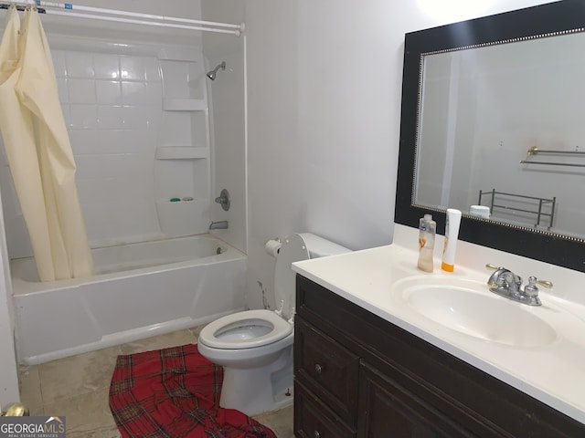 6570 Laurens Way, Stone Mountain, GA 30087 - bathroom featuring vanity, shower / bathtub combination with curtain, and tile patterned flooring