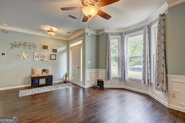 2230 Laurel Lake Dr, Suwanee, GA 30024 - foyer entrance with dark wood-style flooring, crown molding, wainscoting, and a ceiling fan