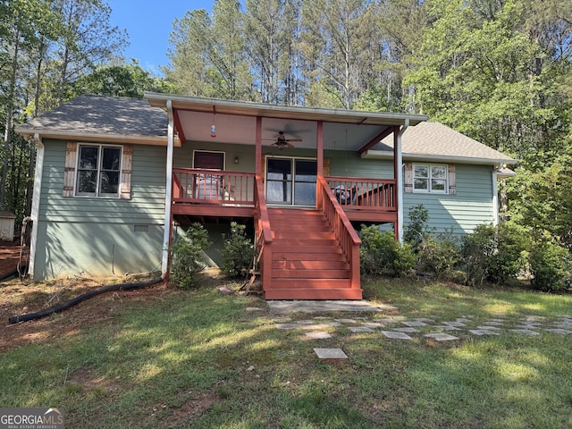 555 Barker Trail Rd, Cleveland, GA 30528 - rear view of property with a ceiling fan, a yard, stairs, covered porch, and roof with shingles