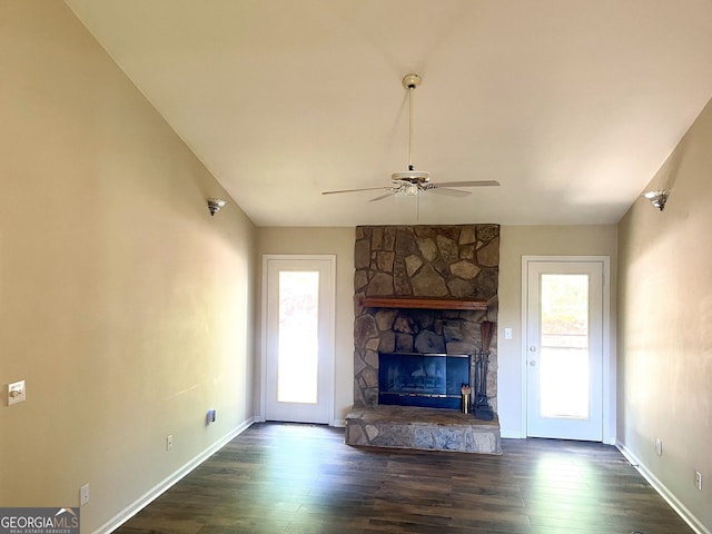 555 Barker Trail Rd, Cleveland, GA 30528 - unfurnished living room featuring ceiling fan, dark wood-style floors, baseboards, and a fireplace