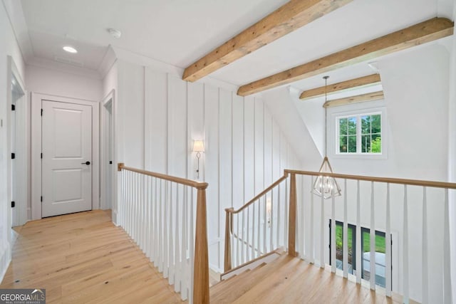 615 Claxton Ln, Milton, GA 30004 - corridor with an upstairs landing, wood finished floors, and beamed ceiling