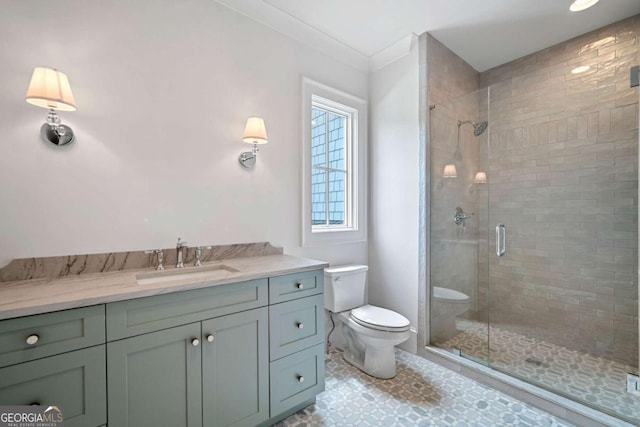 615 Claxton Ln, Milton, GA 30004 - bathroom with a shower stall, vanity, and ornamental molding