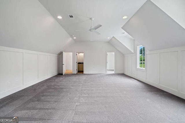 615 Claxton Ln, Milton, GA 30004 - bonus room featuring a decorative wall, carpet, a ceiling fan, recessed lighting, and vaulted ceiling