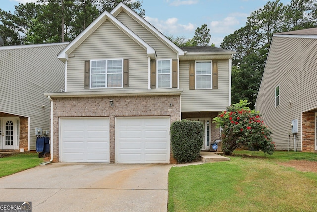 7813 Newbury Dr, Jonesboro, GA 30236 - traditional-style house with driveway, a garage, a front yard, and brick siding