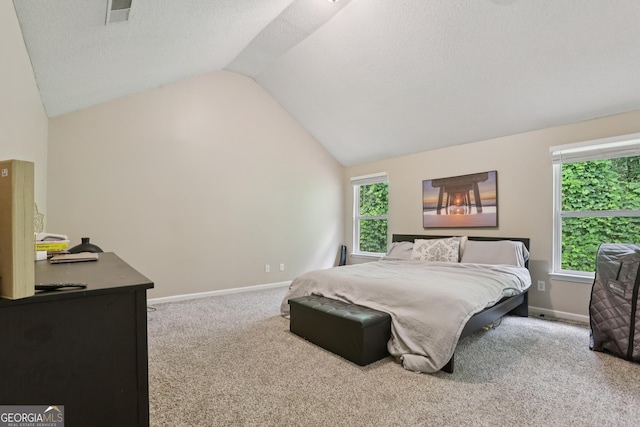7813 Newbury Dr, Jonesboro, GA 30236 - carpeted bedroom with lofted ceiling, baseboards, and a textured ceiling