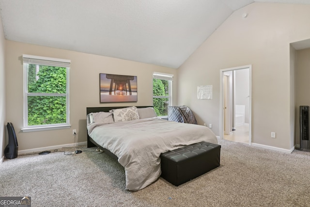 7813 Newbury Dr, Jonesboro, GA 30236 - carpeted bedroom featuring baseboards, high vaulted ceiling, and ensuite bath