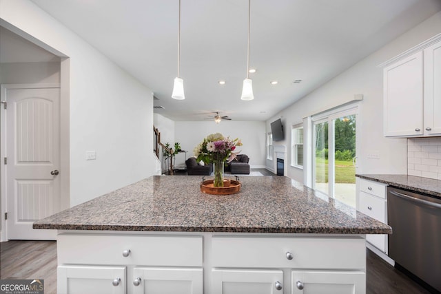 9929 Long Leaf Pine Dr, Midland, GA 31820 - kitchen featuring stainless steel dishwasher, a ceiling fan, dark wood-style flooring, white cabinets, and recessed lighting