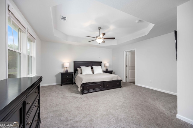 9929 Long Leaf Pine Dr, Midland, GA 31820 - bedroom with a tray ceiling, light colored carpet, baseboards, and a ceiling fan