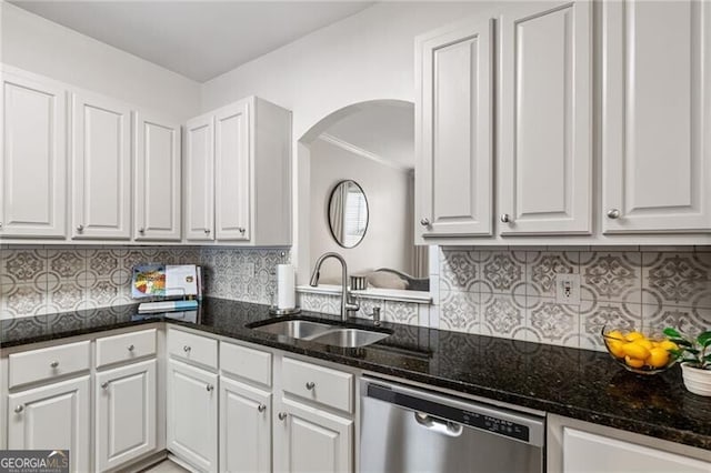 3088 Steeplechase Dr, Alpharetta, GA 30004 - kitchen with stainless steel dishwasher, a sink, white cabinetry, and crown molding