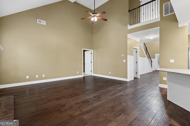 108 Donovan Ave, Locust Grove, GA 30248 - unfurnished living room featuring high vaulted ceiling, a ceiling fan, dark wood-type flooring, and baseboards