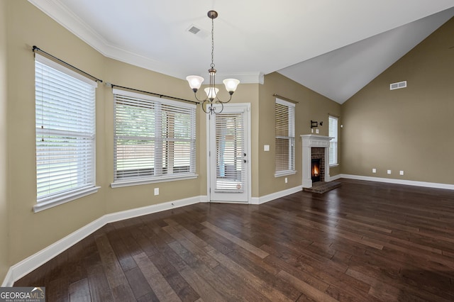 108 Donovan Ave, Locust Grove, GA 30248 - unfurnished living room featuring a chandelier, dark wood-style flooring, a brick fireplace, baseboards, and crown molding